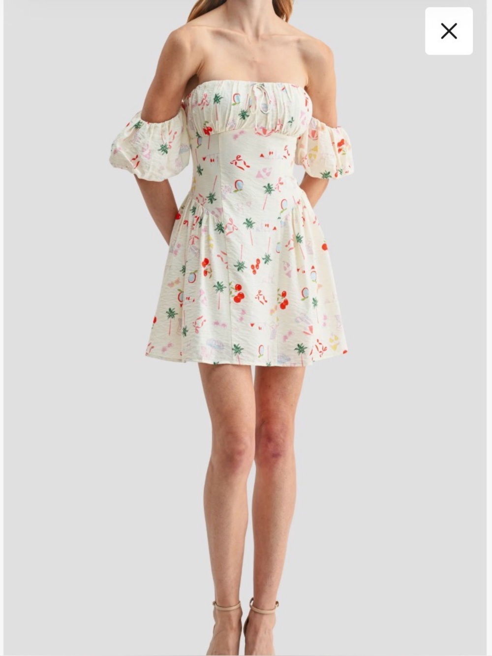 All in Favor Cream Dress with Red Cherry Print and Puff Sleeves